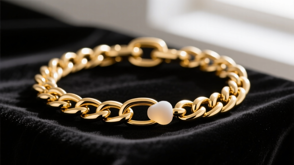 Macro shot of a 14k gold box chain featuring a small silicone stopper bead near the lobster clasp, resting on dark velvet fabric