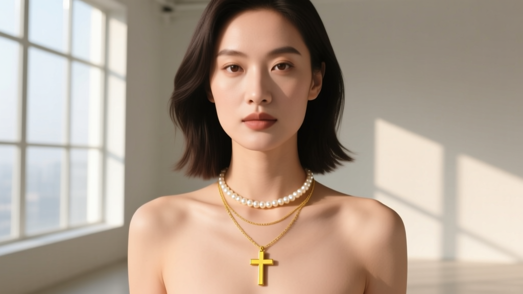 Woman wearing an 18-inch 14k yellow gold plain cross necklace layered with a shorter pearl choker, bright natural daylight.