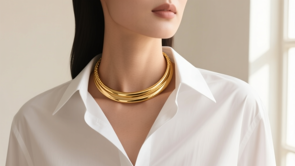 Model wearing a 14k gold collar necklace framed by the open collar of a crisp white button-down shirt in soft lighting