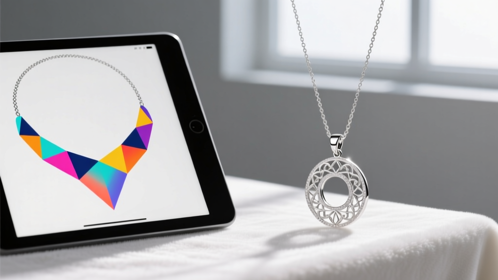 Tablet showing digital necklace clip art vectors next to a custom 925 sterling silver pendant resting on a jeweler's wooden bench.