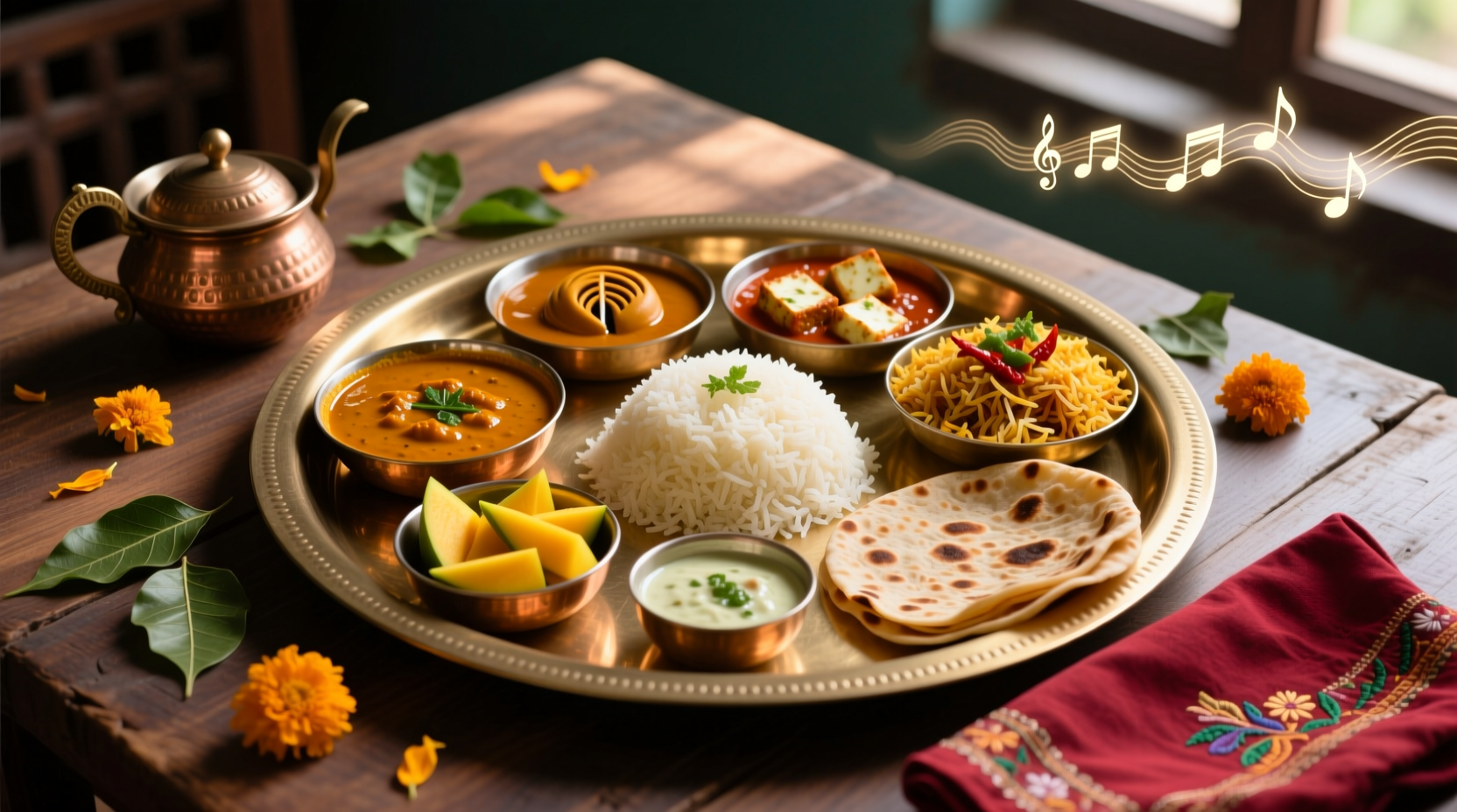 Traditional Indian thali with multiple regional dishes
