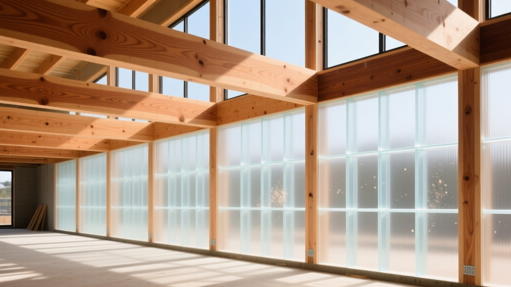 Cross-laminated timber beams and translucent aerogel insulation panels installed at a bright modern commercial construction site