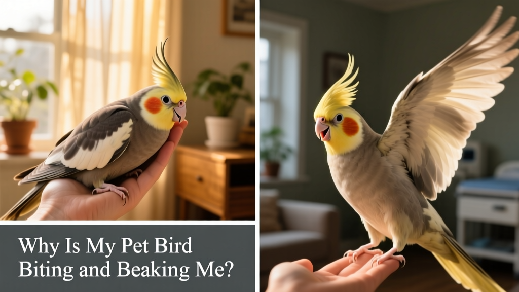Side-by-side comparison: one image shows a cockatiel gently resting its beak on a hand; another shows the same bird with wings slightly raised and feathers fluffed, indicating stress