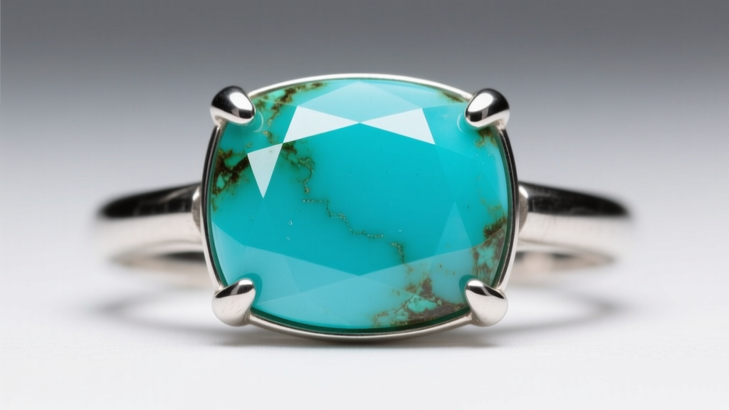 Macro photo of turquoise in sterling silver showing edge discoloration from chemical exposure under bright studio lighting