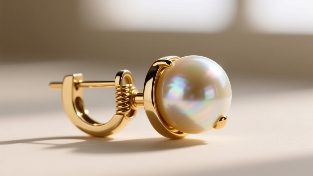 Macro shot of an 18-gauge gold leverback earring mechanism supporting a heavy 18mm Edison freshwater pearl, highlighting the clasp