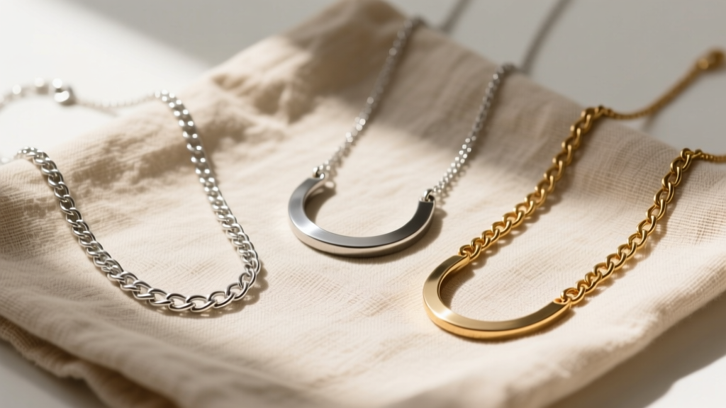 Flat lay of three mood necklaces with different chains: sterling silver, steel, and brass, resting on textured beige linen cloth.