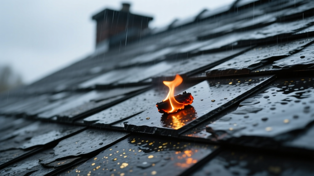 Close-up of dark stone-coated steel roofing panels on a steep pitch, with a glowing ember resting safely on the non-combustible surface.