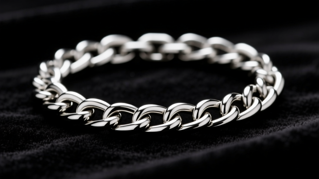 Close-up of a 5mm stainless steel Cuban link chain showing interlocking links and high-polish finish against black velvet.