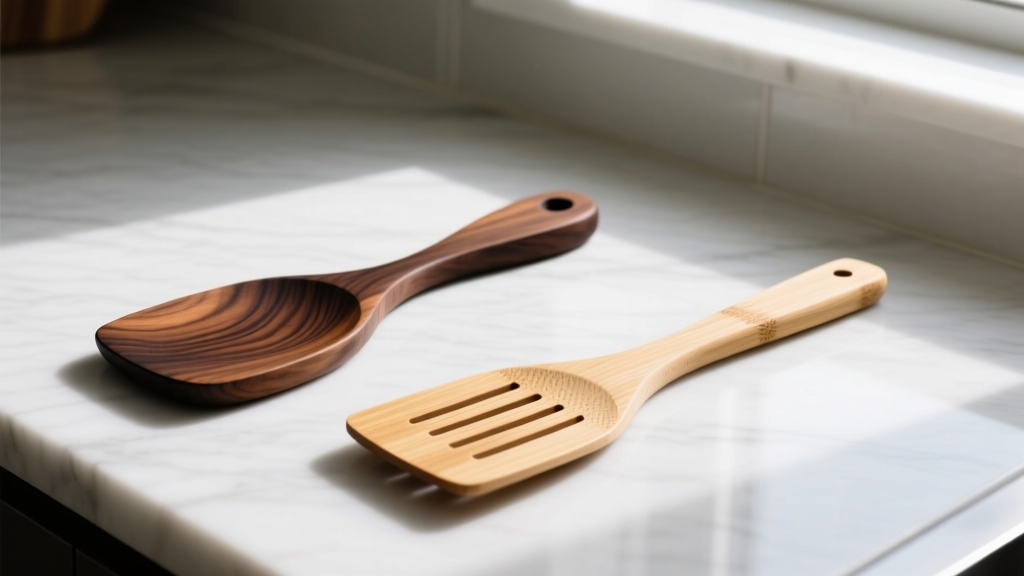 A side-by-side comparison on a marble countertop showing a dark, oiled olive wood turner next to a lighter, laminated bamboo slotted spatula.