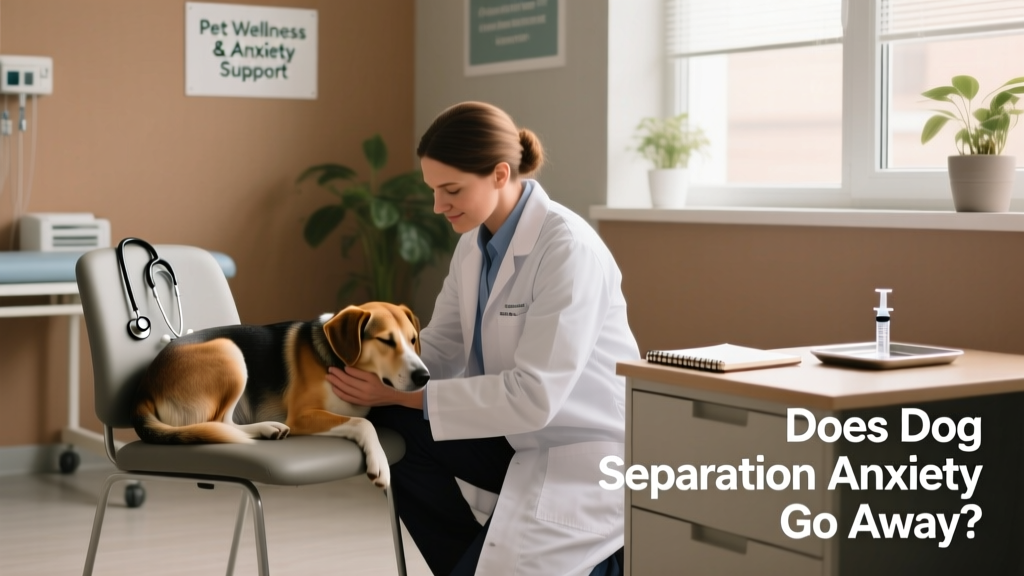 A veterinarian gently observing a dog during a calm, low-stress office visit, with soft lighting and minimal equipment visible