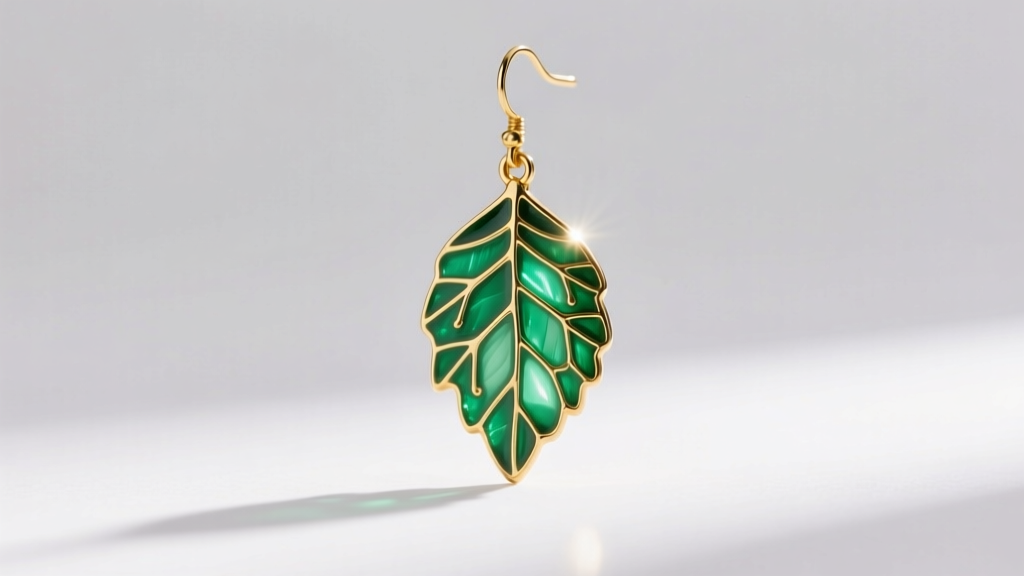 20-gauge gold leaf drop earring with green plique-a-jour enamel, backlit for translucency against a clean white studio backdrop.