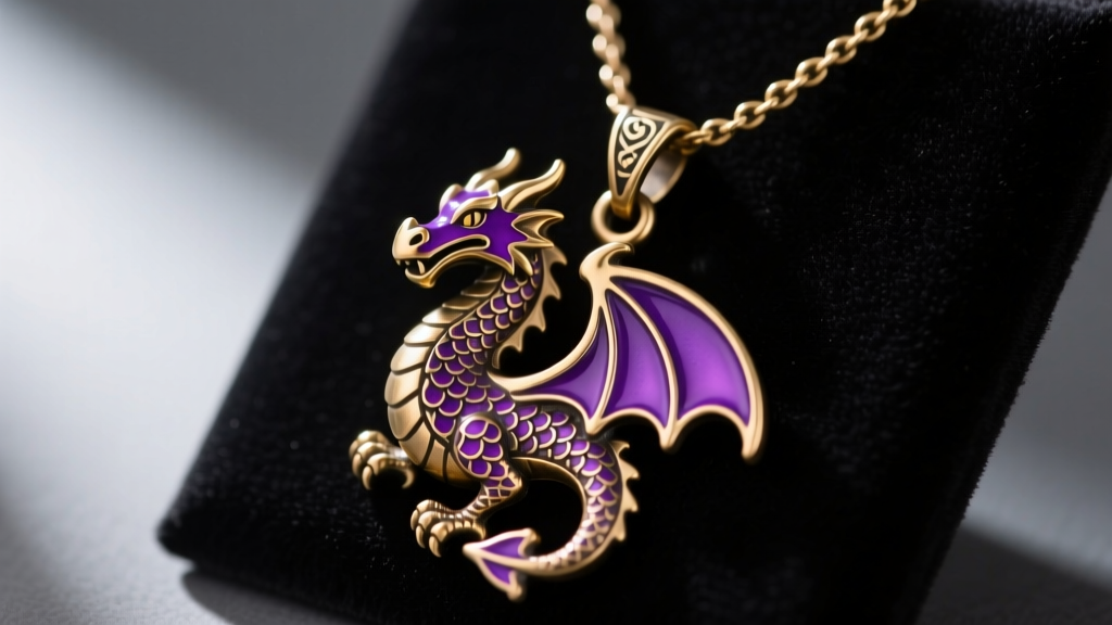 Macro shot of a Disney Descendants Mal necklace replica, featuring a brass dragon pendant with deep purple hard enamel accents.