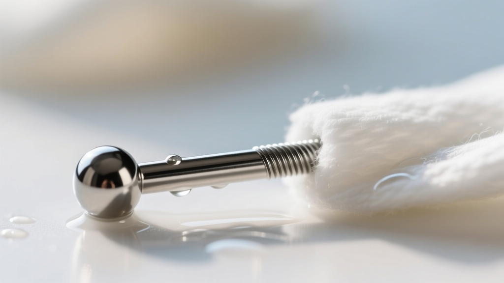 Close-up side profile of a 14-gauge 316l steel barbell piercing being gently wiped with a damp cotton swab, highlighting the smooth, mirror-polished threading and bead detail against a soft blurred background