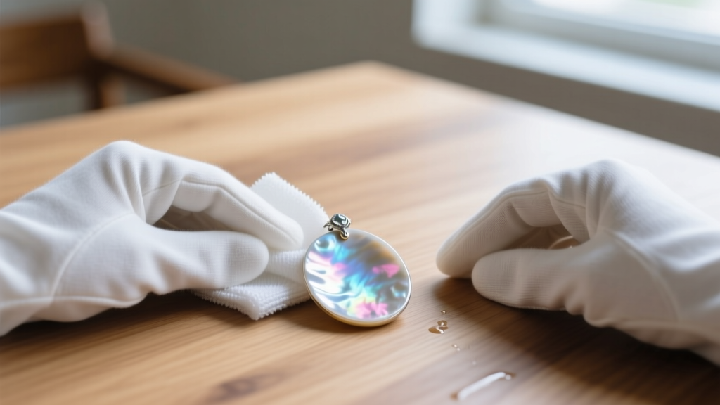 Hands wearing white cotton gloves gently wiping a large mother of pearl pendant with a damp microfiber cloth on a wooden table.