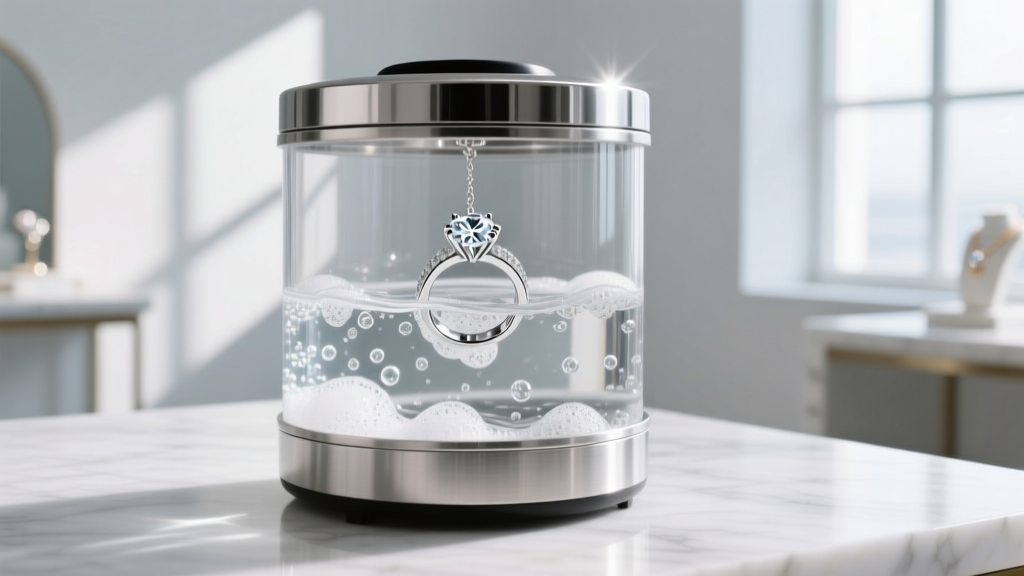 Stainless steel ultrasonic cleaner with soapy water, vibrating a platinum diamond ring in a bright modern jewelry studio setting