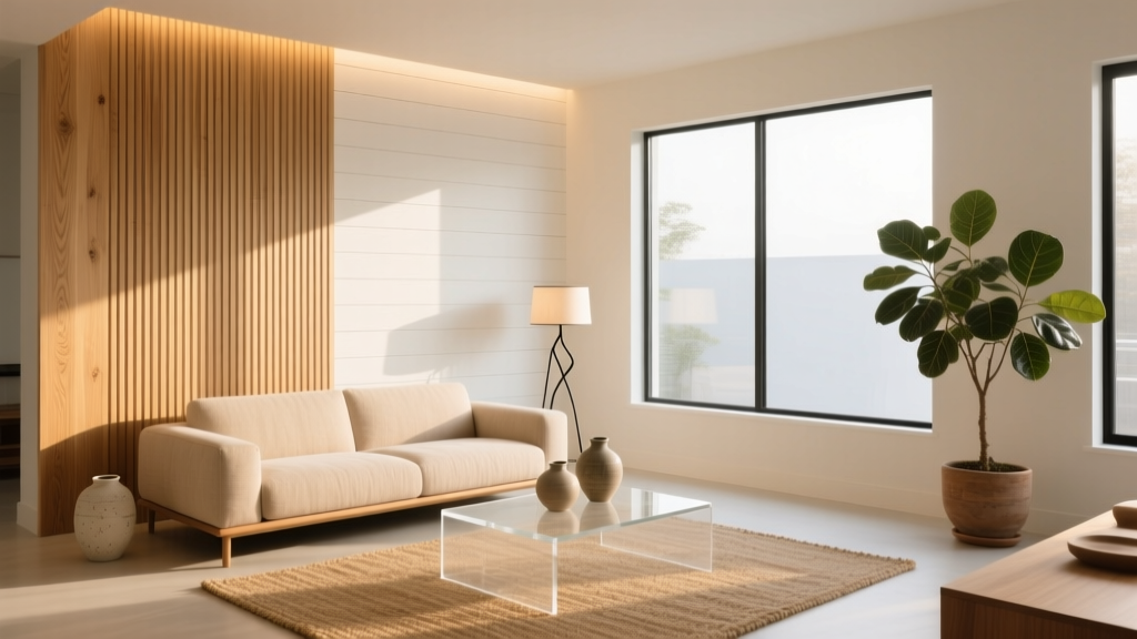 Modern living room featuring a contrast of white oak acoustic wood slat wall paneling and painted shiplap, illuminated by warm architectural lighting