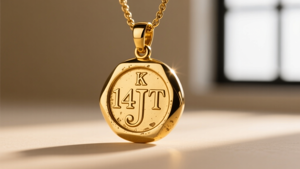 Macro view of a vintage 14K JT hallmark stamp on a gold pendant, using raking light to reveal metal displacement and stamp depth.