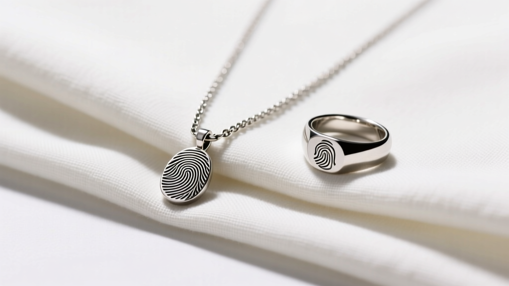 Flat lay of layered modern mourning jewelry including a delicate titanium fingerprint necklace and a signet ring on linen fabric
