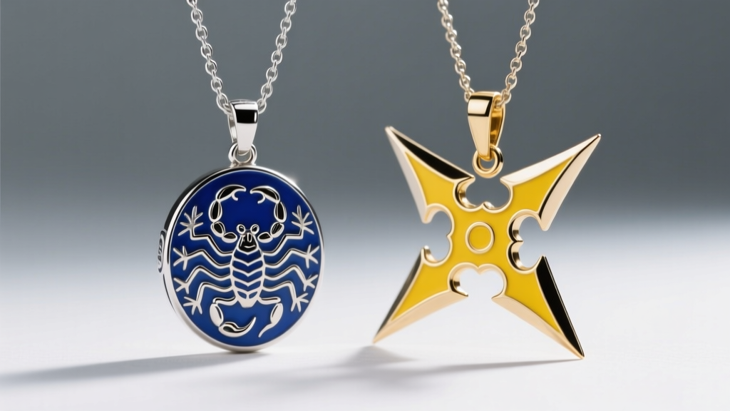 Side-by-side view of a blue enameled Sub-Zero amulet and a yellow enameled Scorpion shuriken pendant on stainless steel chains