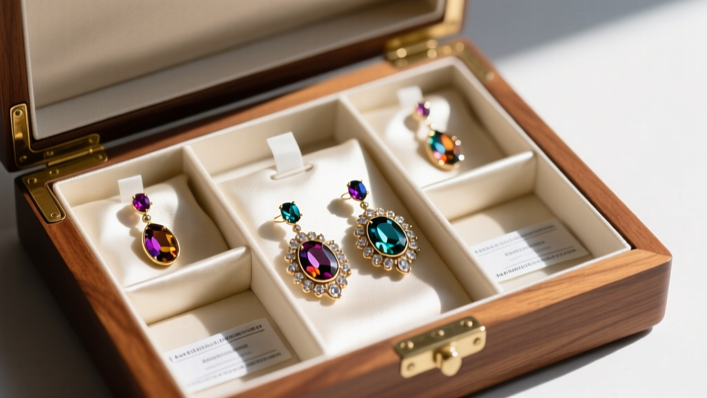Large drop earrings laid flat in individual silk-lined compartments of a wooden jewelry box with anti-tarnish strips visible inside