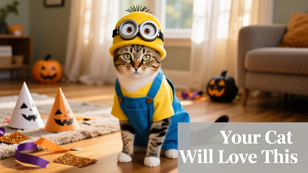 A calm, well-dressed cat wearing a playful Minion-style hat with goggles and blue overalls