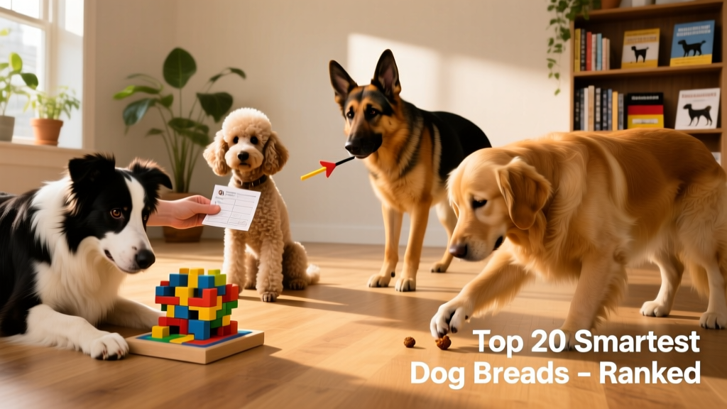 A diverse group of intelligent dog breeds—Border Collie, Poodle, German Shepherd, and Golden Retriever—engaged in focused activities like learning commands or solving a puzzle toy