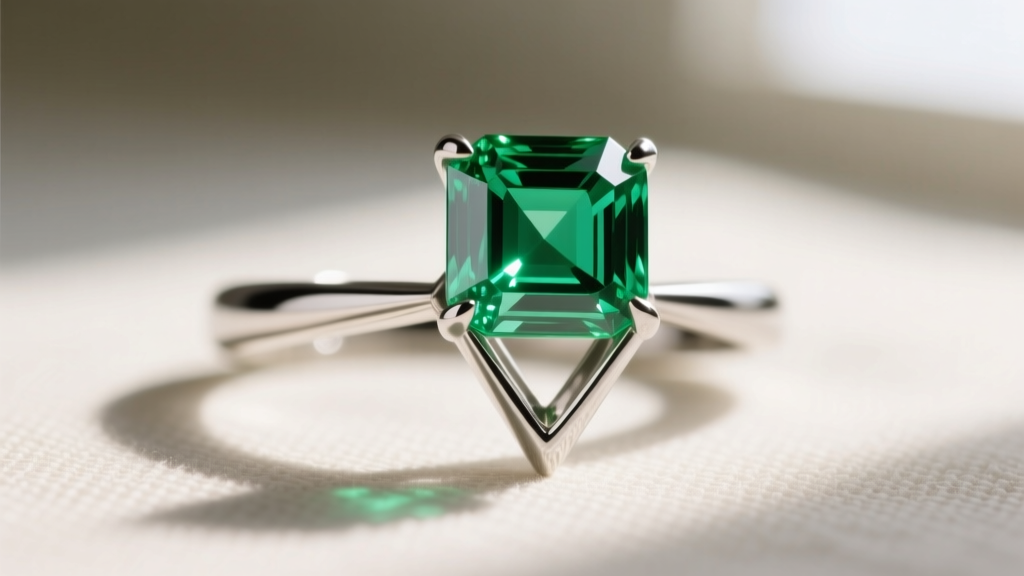 Macro photography showing a secure V-prong setting protecting the sharp corner of a vivid Zambian emerald baguette gemstone