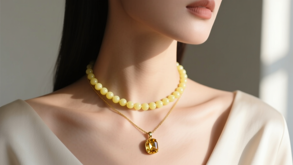 Woman wearing a 4mm pastel yellow citrine bead choker layered with a 14k gold pendant necklace, photographed from collarbone up