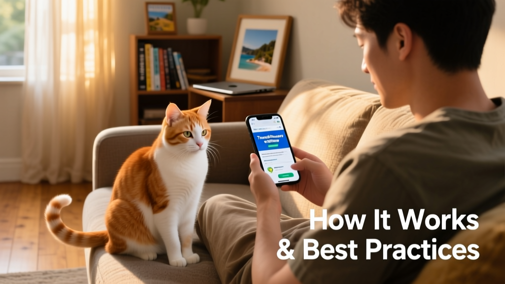 A ginger-and-white cat sitting calmly beside a person scrolling on their mobile phone
