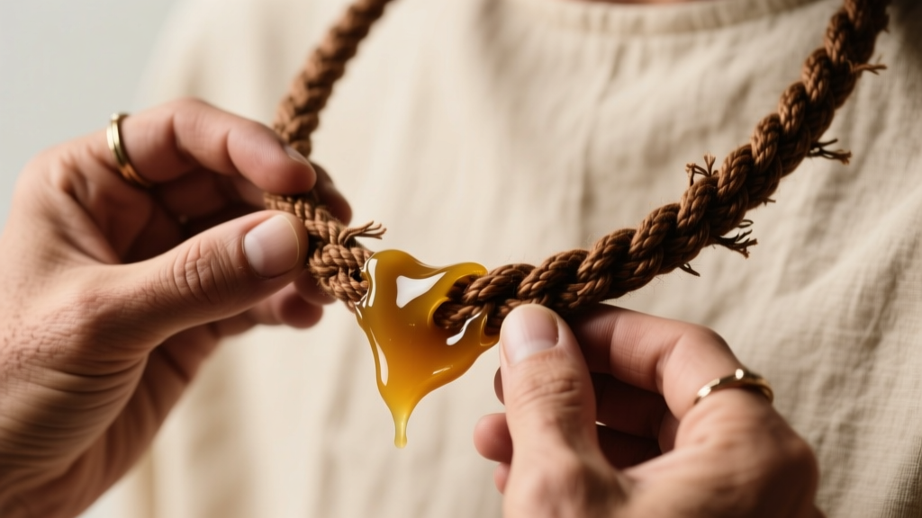 Hands applying natural beeswax to a frayed brown waxed cotton mens cord necklace, highlighting detailed texture and soft lighting.
