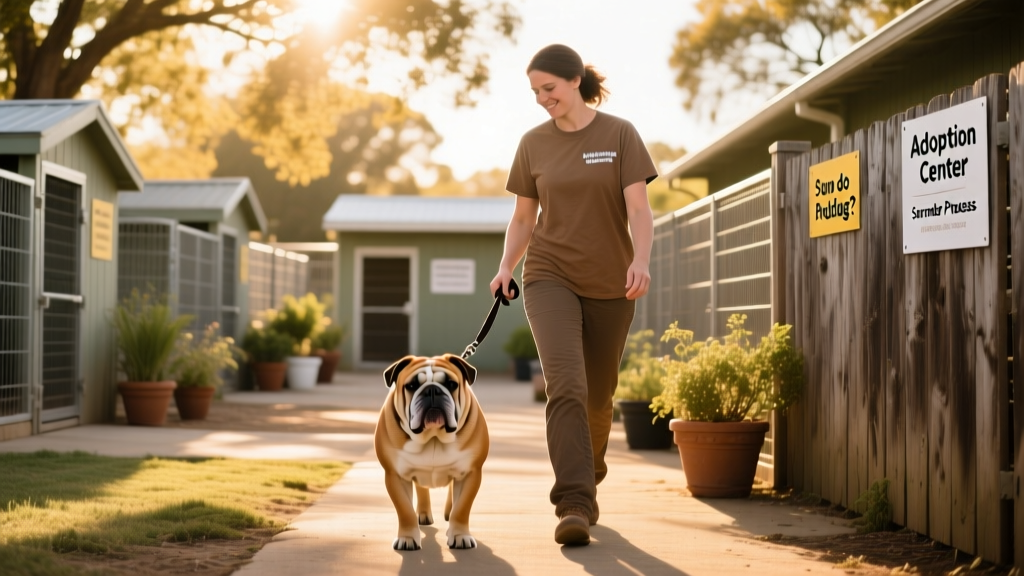 Volunteer gently walking a Bulldog on a leash in a sunny outdoor kennel area at a rescue facility