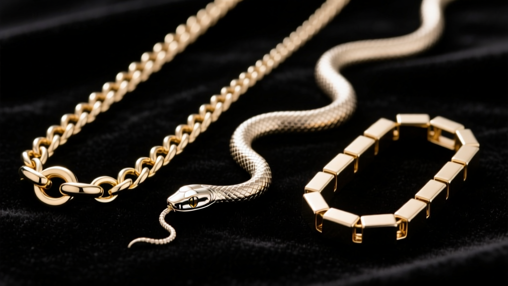 Macro photography of three different jewelry chains: a rolo chain, a snake chain, and a box chain on a dark velvet surface.
