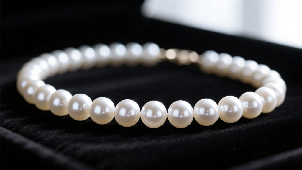 Close-up macro photography of a high-luster white Akoya pearl necklace on black velvet, highlighting sharp mirror-like reflections.