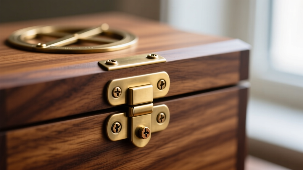 Macro shot of brass quadrant hinge on standing wooden jewelry box lid, showing polished metal and perfectly countersunk wood screws