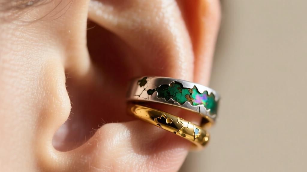 Macro shot of a tarnished silver ear cuff and a gold-plated hoop showing green oxidation and flaking metal on the ear cartilage.