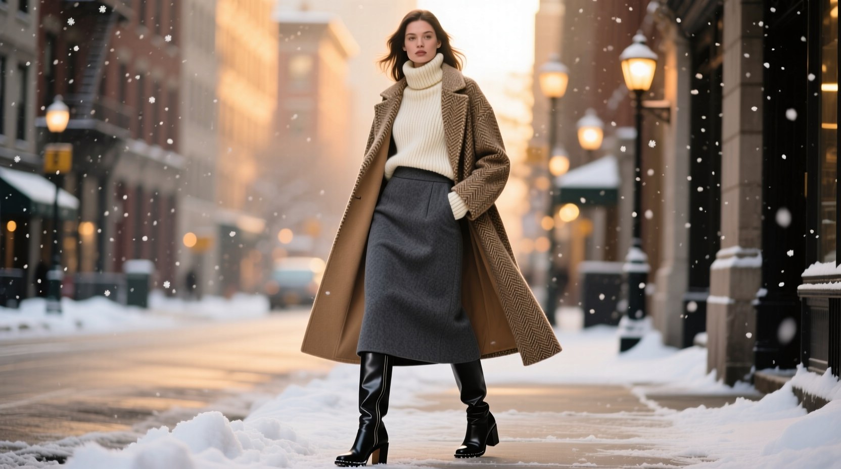how to style a midi skirt for winter with boots and layers that work