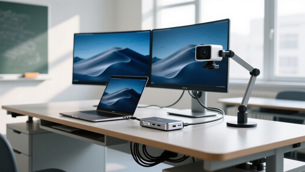 Teacher desk showing a 100W USB-C hub connected to a laptop, dual monitors, and a document camera with clean cable routing