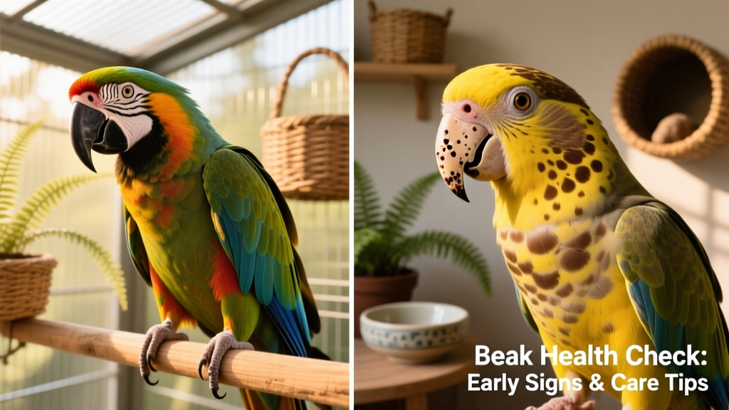 Side-by-side comparison: healthy beak versus one with visible pitting and discoloration
