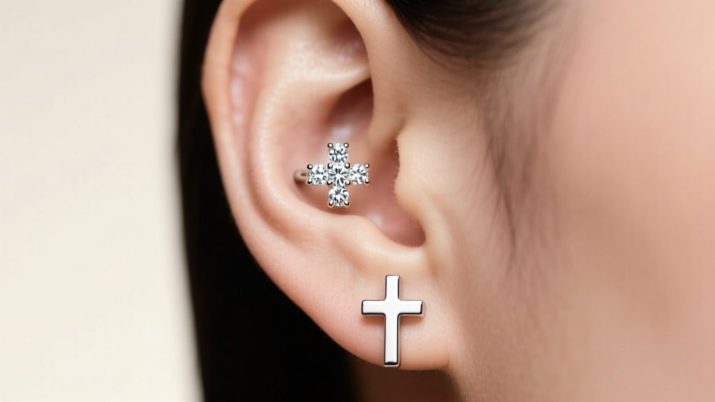 Curated ear piercing layout featuring a tiny diamond micro cross in the helix and a simple silver cross on the lower lobe, bright