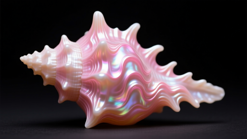 Macro shot of a natural pink conch pearl revealing its unique flame-like surface structure under bright, crisp studio lighting.