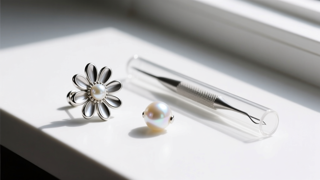 Desk view showing a disassembled silver daisy earring, a 5mm freshwater pearl, and a small tube of clear jeweler's epoxy adhesive.