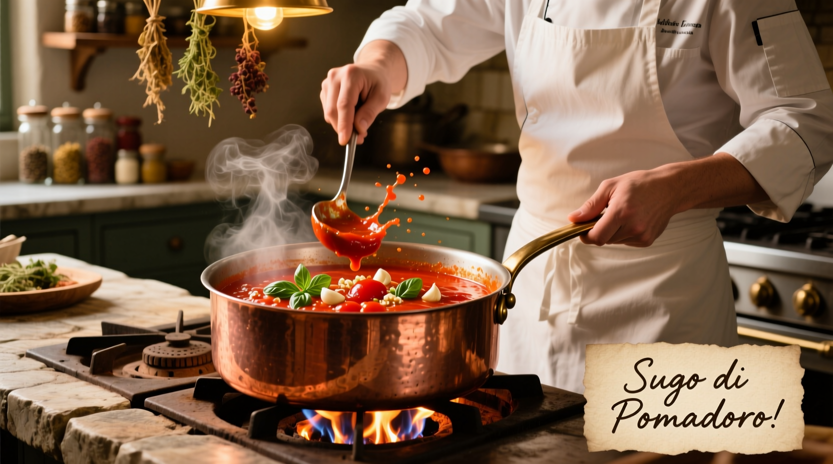 Chef stirring vibrant red tomato sauce in copper pot