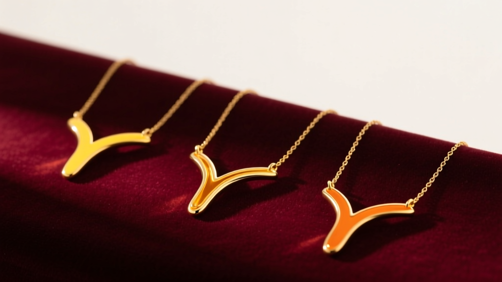 Three Y-shaped gold necklaces on velvet showing color differences between 14k, 18k, and 22k gold alloys under warm lighting.