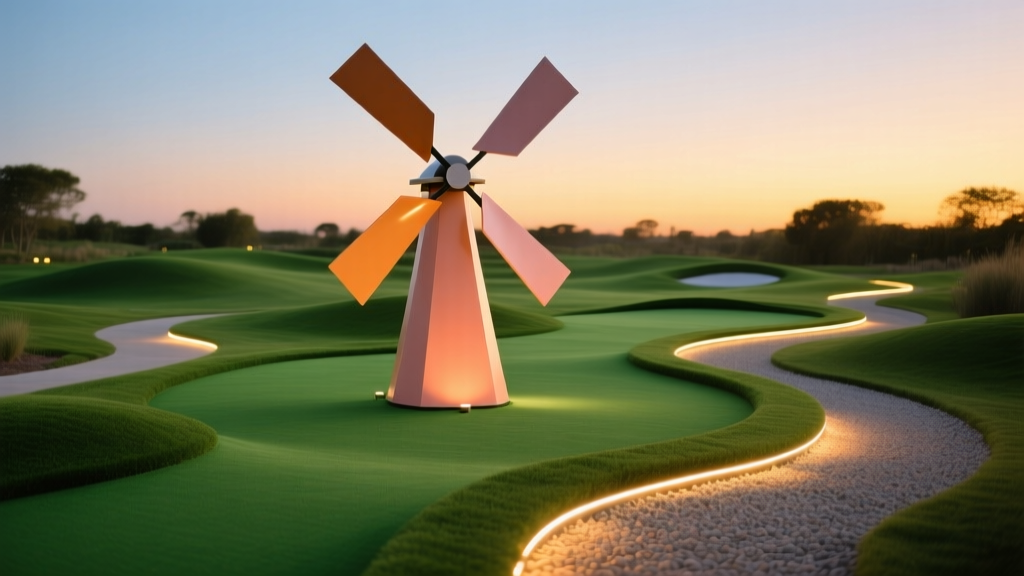 Commercial mini golf course with bright green synthetic turf, a custom fiberglass windmill obstacle, and warm LED pathway lighting at dusk