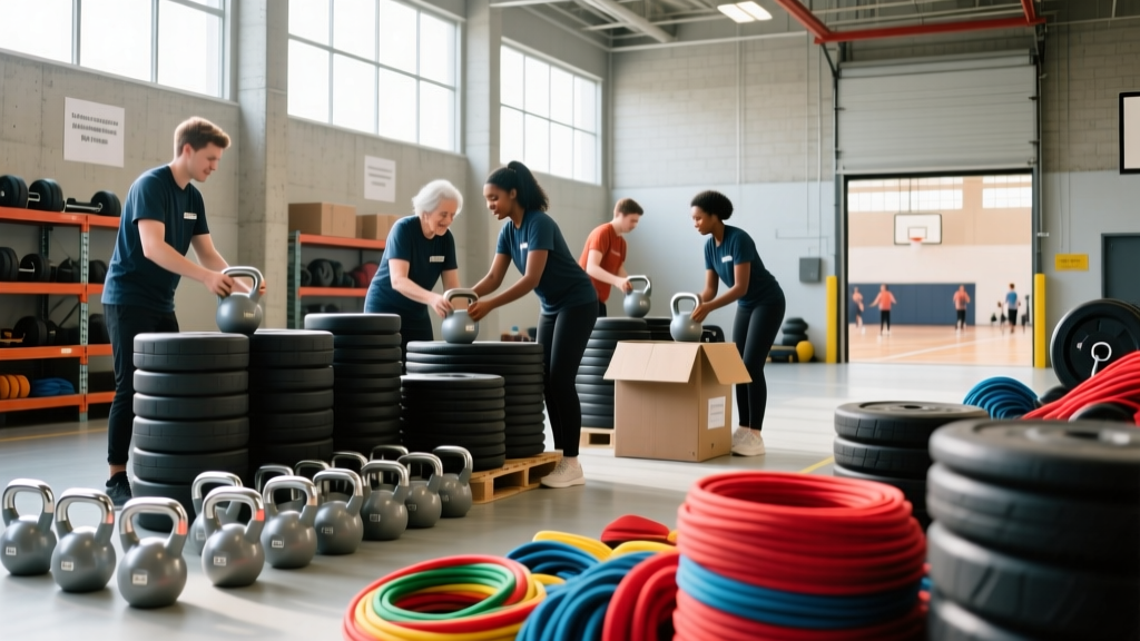 Volunteers sorting donated kettlebells, bumper plates, and resistance bands at a community youth sports center warehouse