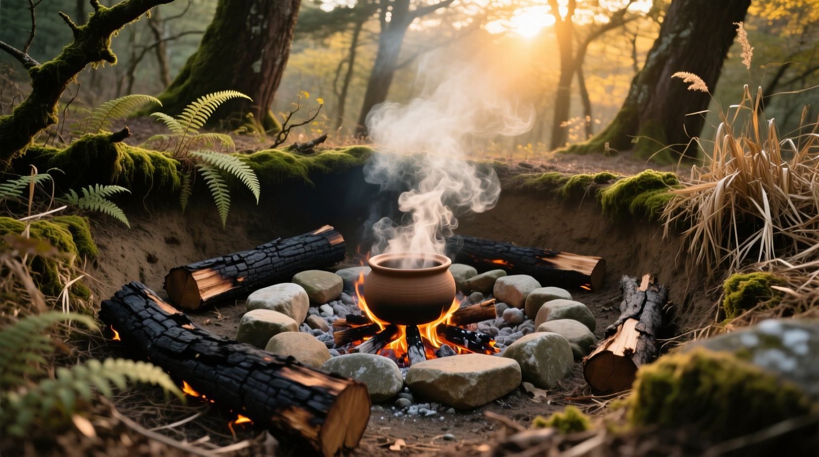 Traditional potato pit cooking setup with stones and vegetation