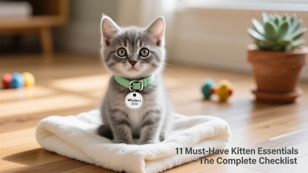 A close-up of a tiny kitten wearing a soft green breakaway collar with a silver ID tag, sitting calmly on a folded towel