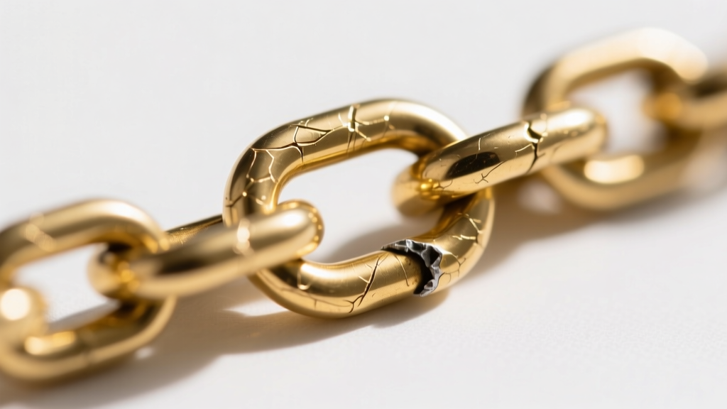 Extreme close-up of a 2mm gold-plated brass rolo chain link, showing micro-abrasions on the surface and an unsoldered jump ring.