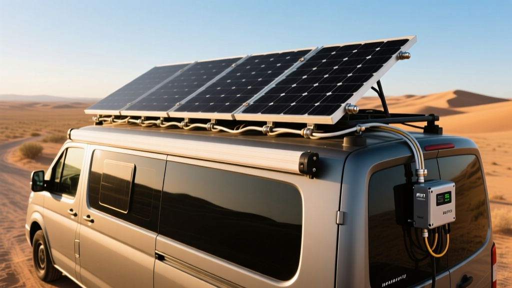 Four 400W monocrystalline solar panels on a camper van roof, wired in series to an MPPT charge controller for off-grid power.