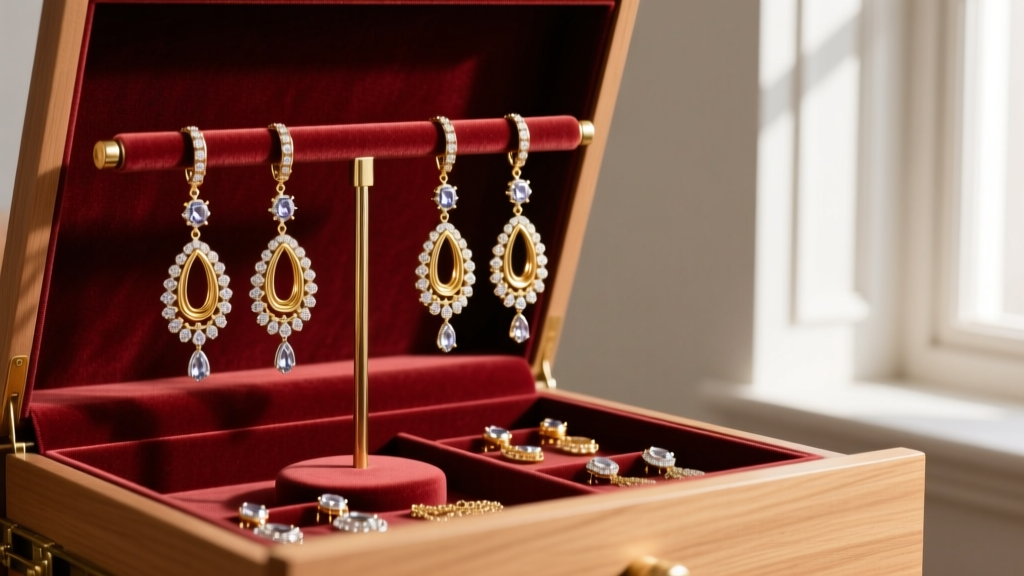Velvet-lined drawer showing heavy large drop earrings hanging securely from padded T-bar stands to prevent metal bending.